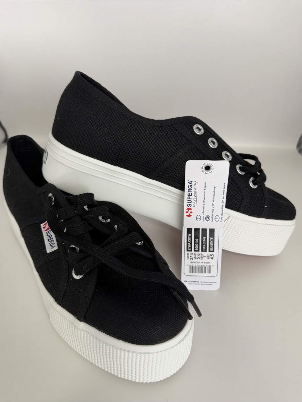Superga Black Platform Canvas Sneakers with White Sole